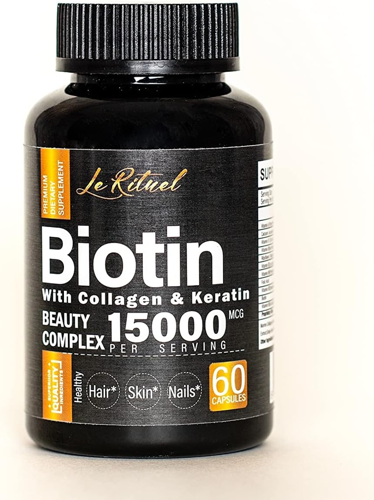 Vitamini biotin s kolagenom in keratinom - dodatek za rast las za ženske in moške - 15000 μg tablete - vitamini A,D,B1,B2,B3,B5,B6,B12 kompleks - zdrave veganske kapsule - 60 Count