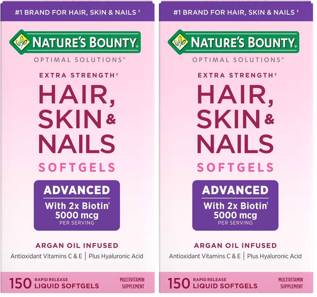 Naravni Bounty Advanced Lasje, kože in nohti, Argan-infundirani vitamin dodatek z biotin in hialuronske kisline, 150 hitro sprostitev softgels (Pack z 2)