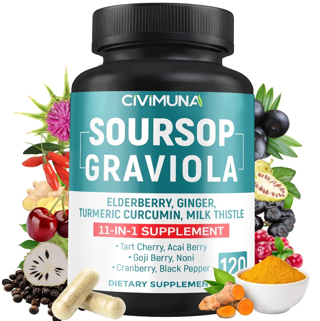 Soursop Graviola Kapsule z Bezgovo jagodo, kurkuma, ingver, Mlečno osjo, češnjo in več - 120 Kapsule za 4 mesece