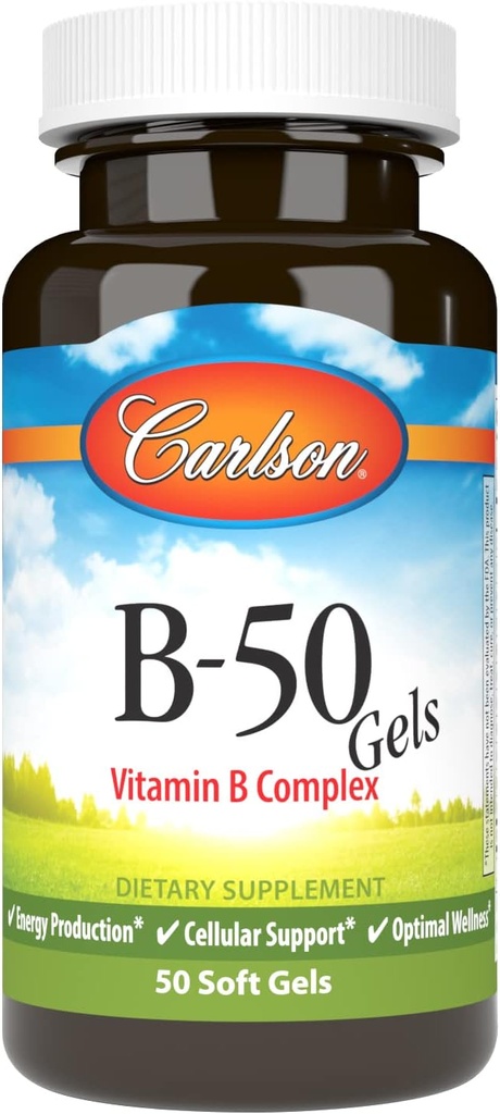 Carlson - B-50 geli, vitamin B kompleks, proizvodnja energije, celična podpora in optimalna wellness, 50 softgels