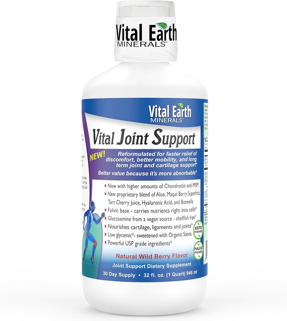 Vital Earth Tekoča skupna podpora – Glukozamin, Chondroitin, MSM Plus Hyaluronska kislina, Boswellia & Fulvic Acid (70+ Trace Minerals), 32 Oz + 1 Oz pokal