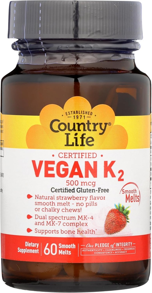 Country Life Vegan Vitamin K2, 500 μg, Dual Spectrum MK-4 in MK-7 Complex, podpira zdravje kosti in zob, 60 Žvečljive tablete, jagodni okus