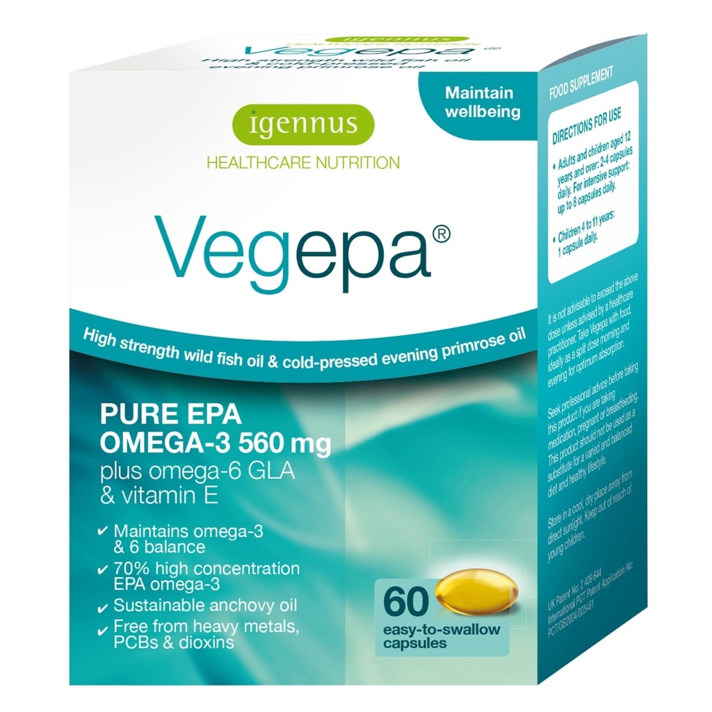 Igennus Vegepa Omega 3 Divje ribje olje & večer Mešanica Primrose olje, 560 mg EPA Plus GLA, 60 malih softgels