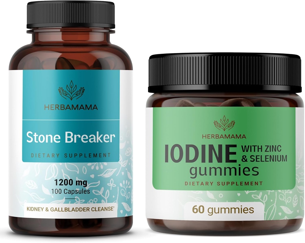 HERBAMAMA Stone Breaker in Jodine Kit - paket 1200 mg Stone Breaker kapsule in kalijev jodine Gumies - Vegan, Non-GMO, Gelatin-free - 2 paket