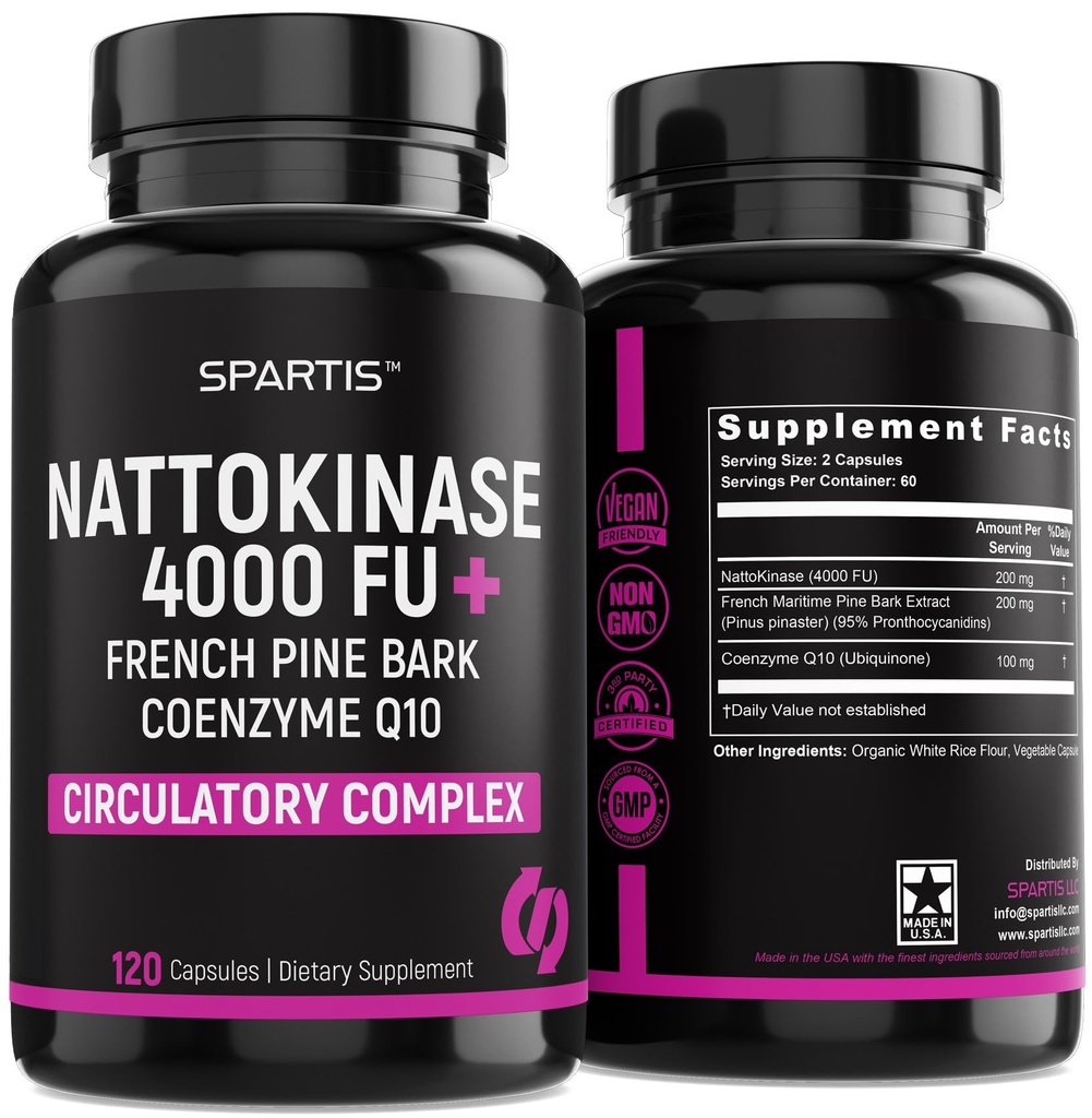 Nattokinase dodatek 4000 FU CoQ10 100mg Francoski Maritime Pine Bark Extract 200mg z encimi za cirkulacijo in kardiovaskularno podporo (Pack od 1 na 120-kap)