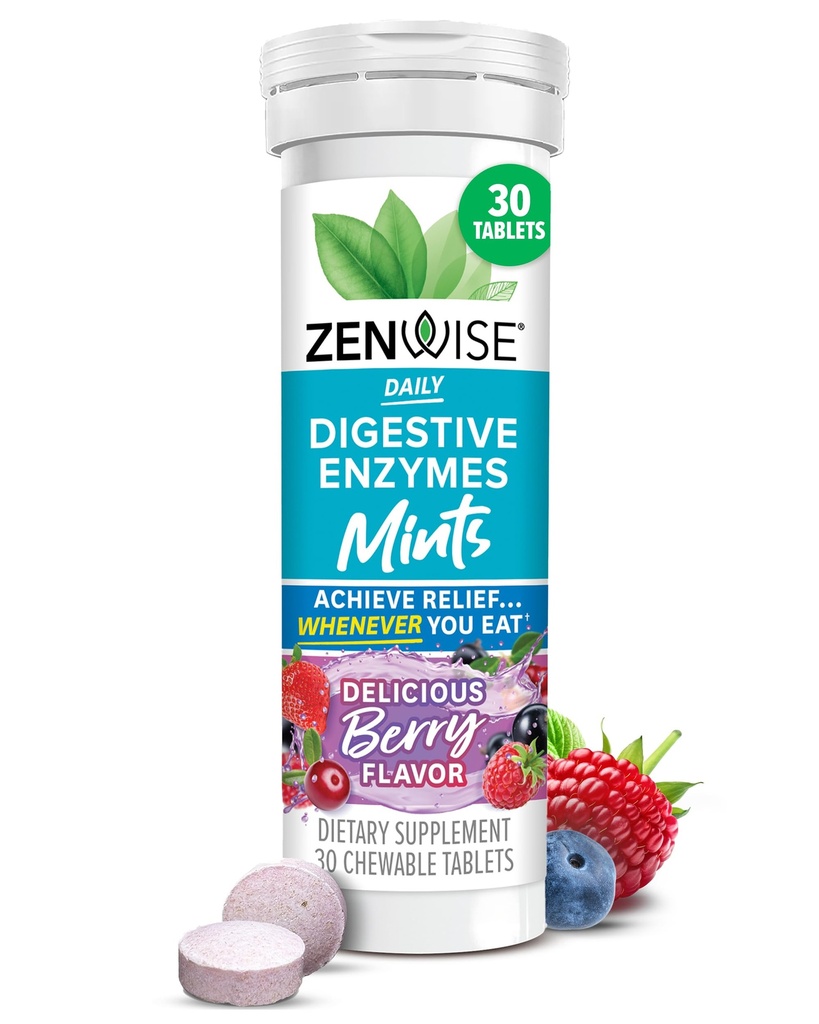 Zenwise Health Prebavne Enzyme Breath Mints for Gut Health, Okusne Berry Flavor - Prebavne Encimi za podporo za napihnjenost Relief & Gut - Multi Encimes Prebavni dodatek - 30 Žvečljiva tableta