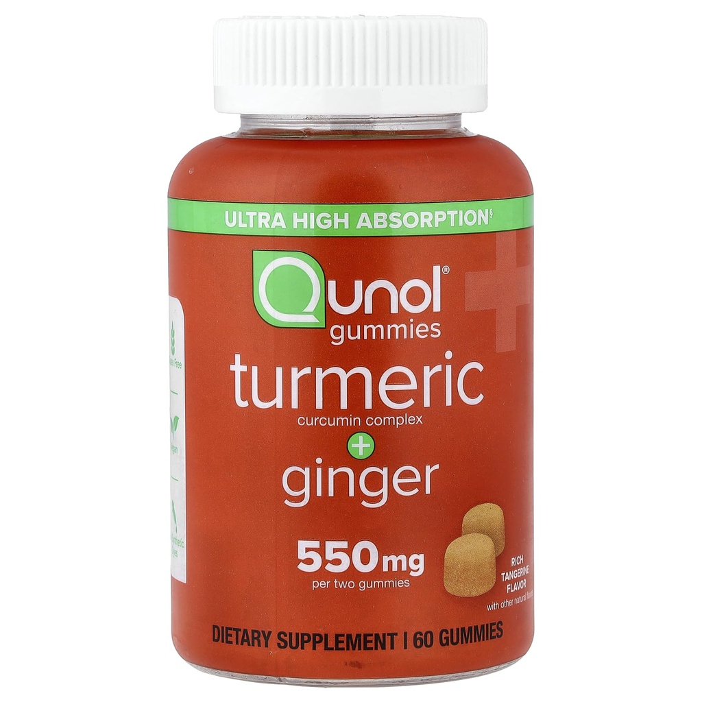 Qunol Kurkuma in Ginger Gummies, Gummy s 500mg Kurkuma + 50mg ingver, Joint Support dodatek, Ultra visoka absorpcijska Tumeri in Ginger, Vegan, Gluten brezplačno, 1 mesec dobave 60ct Gummies