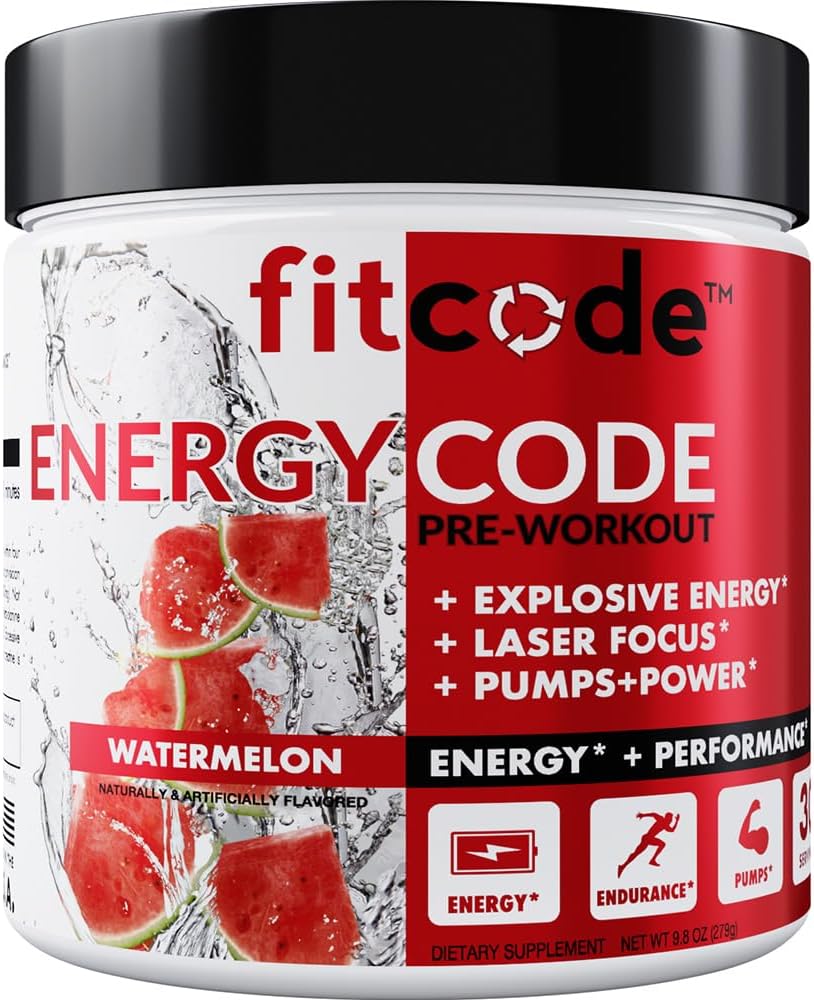 fitcode EnergyCode - Pre Workout z Creatine Powder - Energy & Performance Drink - Mišična moč in vzdržljivost dopolnilo - Vsebuje kofein - 30 Servings - Watermelon