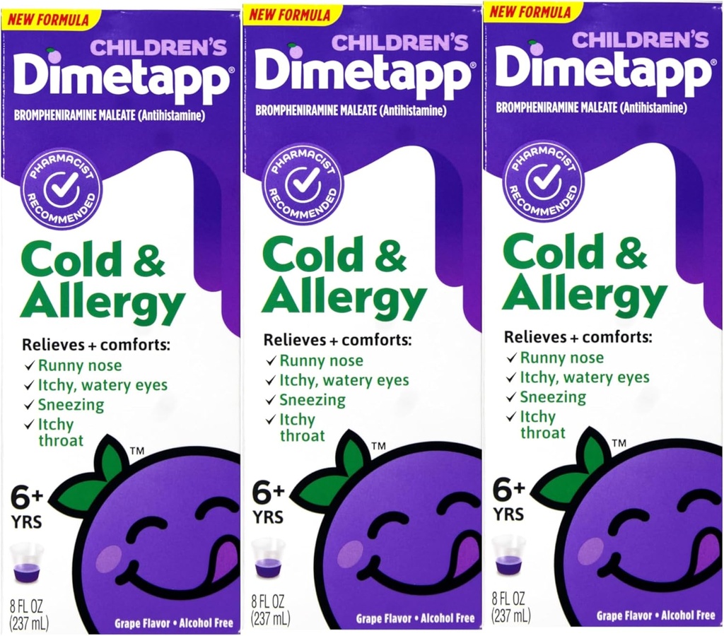 Otroški Dimetapp® Cold & Alergy Tekoči – grozdni okus, brez alkohola, 8 fl oz - 3 pakiranja