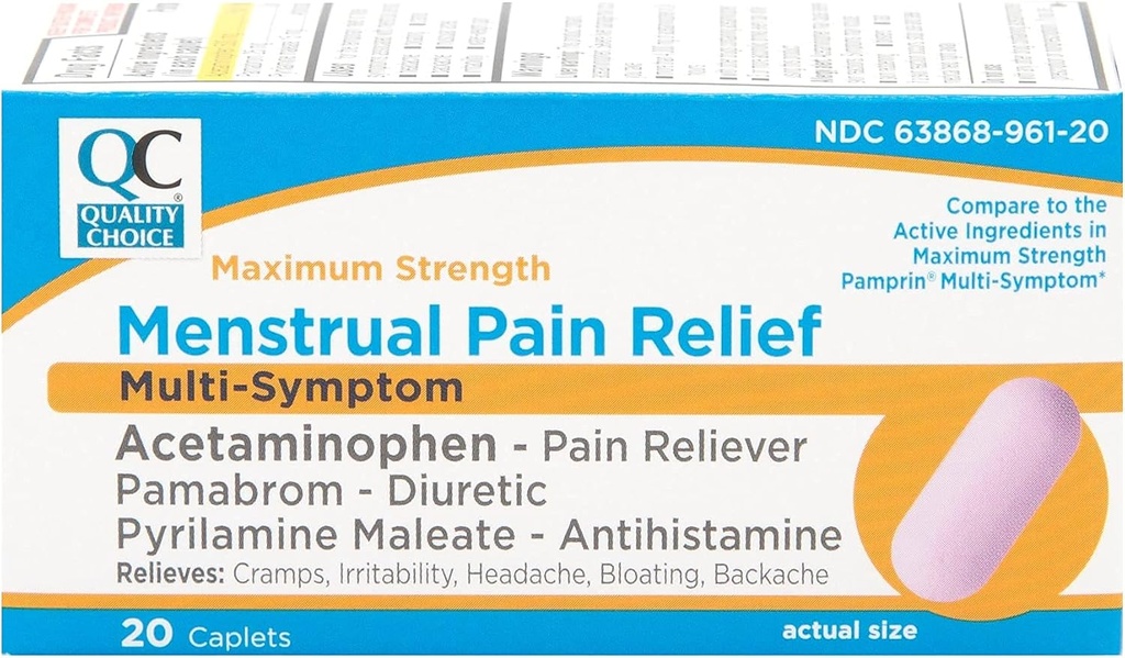 Quality Choice maksimalna moč Mentrual Pain Relief, Multi Symptom Pain Relief Caplets, Cramps, Glavobol, Hrup, Backache & Dragostljivost, 20 Count paket