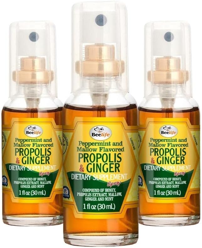 Beelife Propolis Pršilo za grlo– Umirjanje medu in Ginger Propolis Naravna imunost podpora & Bee Propolis Extract-Antioksidanti, bogata z aromanoidi in Artepillin, Brez sladkorja, Gluten-free- 3 Pack, 90ml