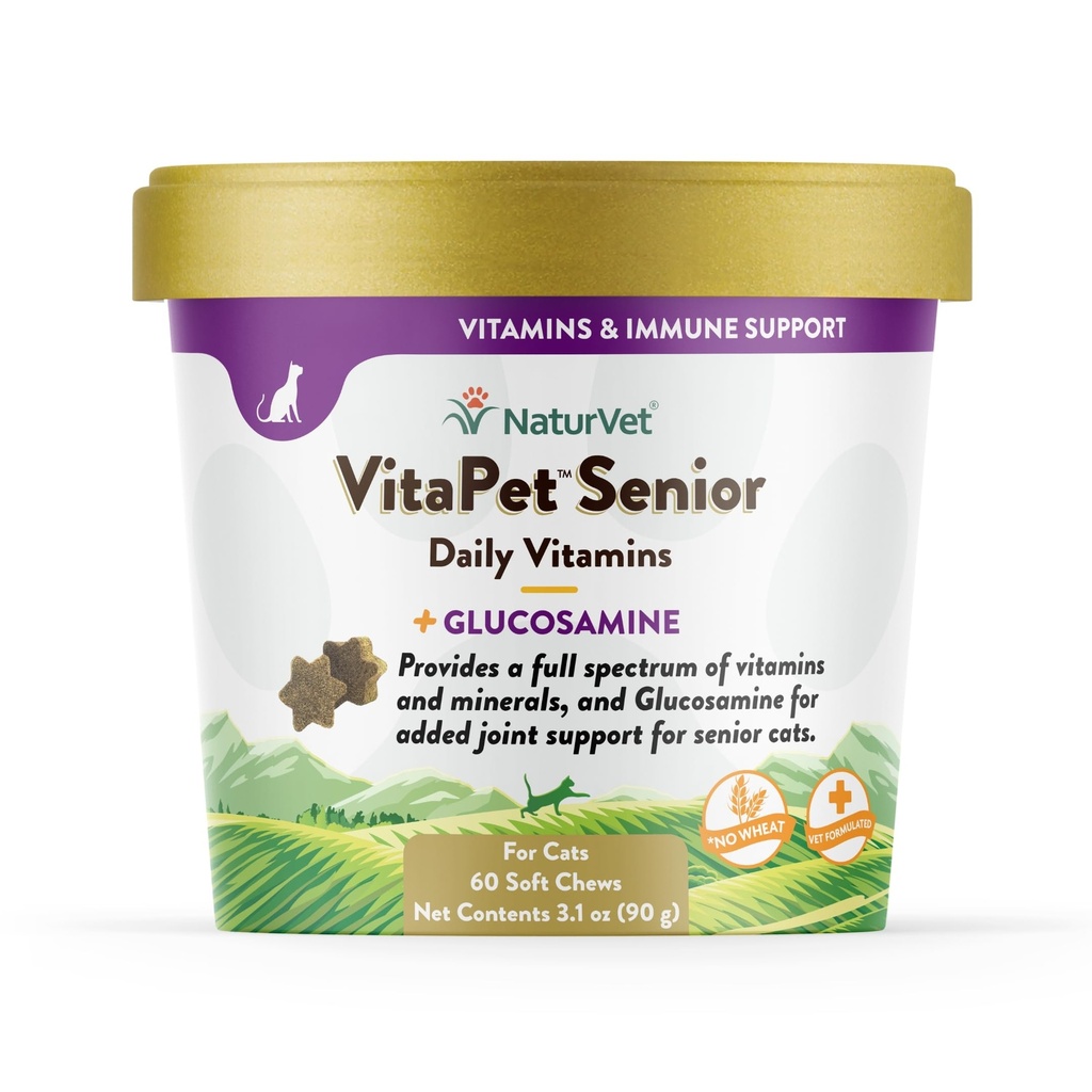 NaturVet VitaPet Senior Daily Vitamini za mačke Plus glukozamin, posebej oblikovan za zagotavljanje bistvenih mineralov, 90 g, 60 Število