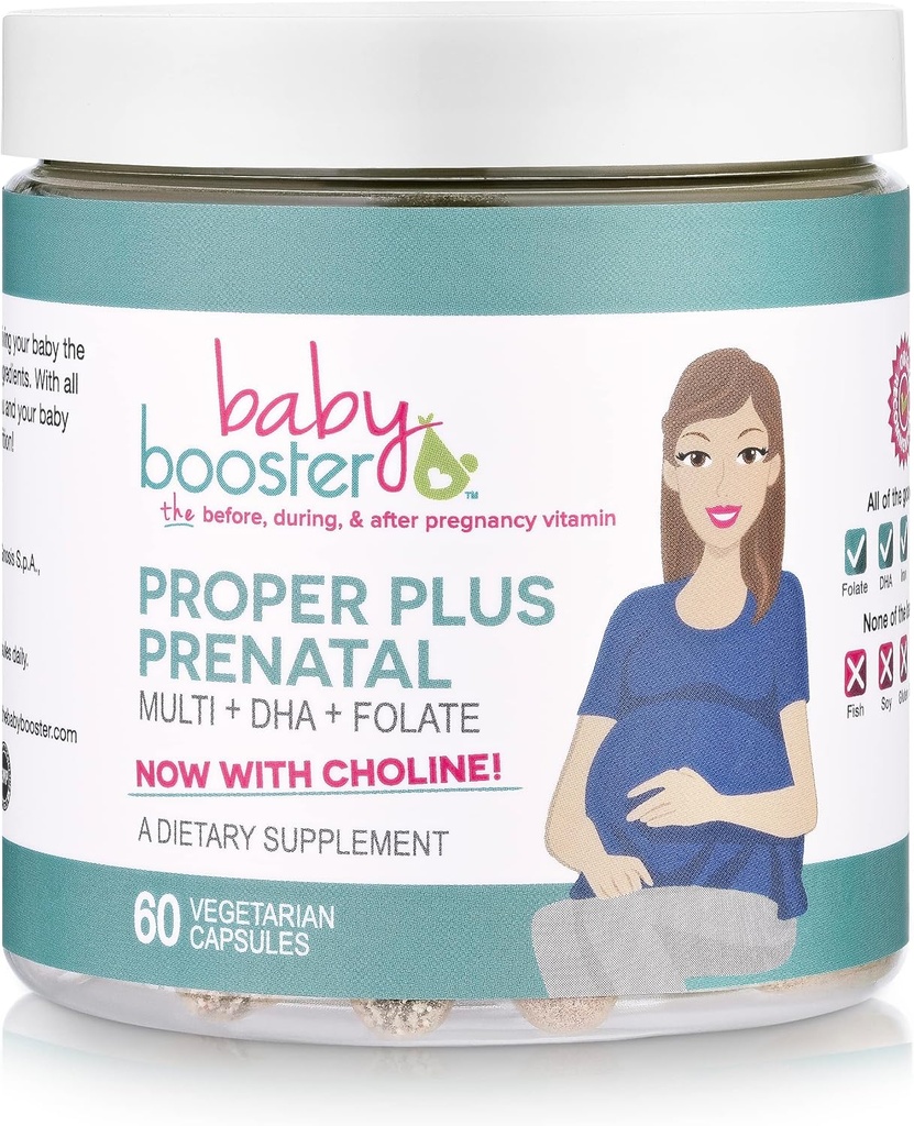 Baby Booster Proper Plus Prednatalni vitamini z Veganom DHA + metil Folatom + holinom + Multi (60 kapsul) Odlično za nosečnost, jutranjo bolezen in dojenje