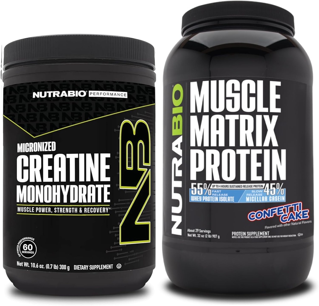 NutraBio Kreatin Monohidrat, brez arome, (300 g) in Muscle Matrix Protein Powder, (Confetti Cake) Dopolnitev paket – Mišična energija, največja rast, regeneracija, in moč