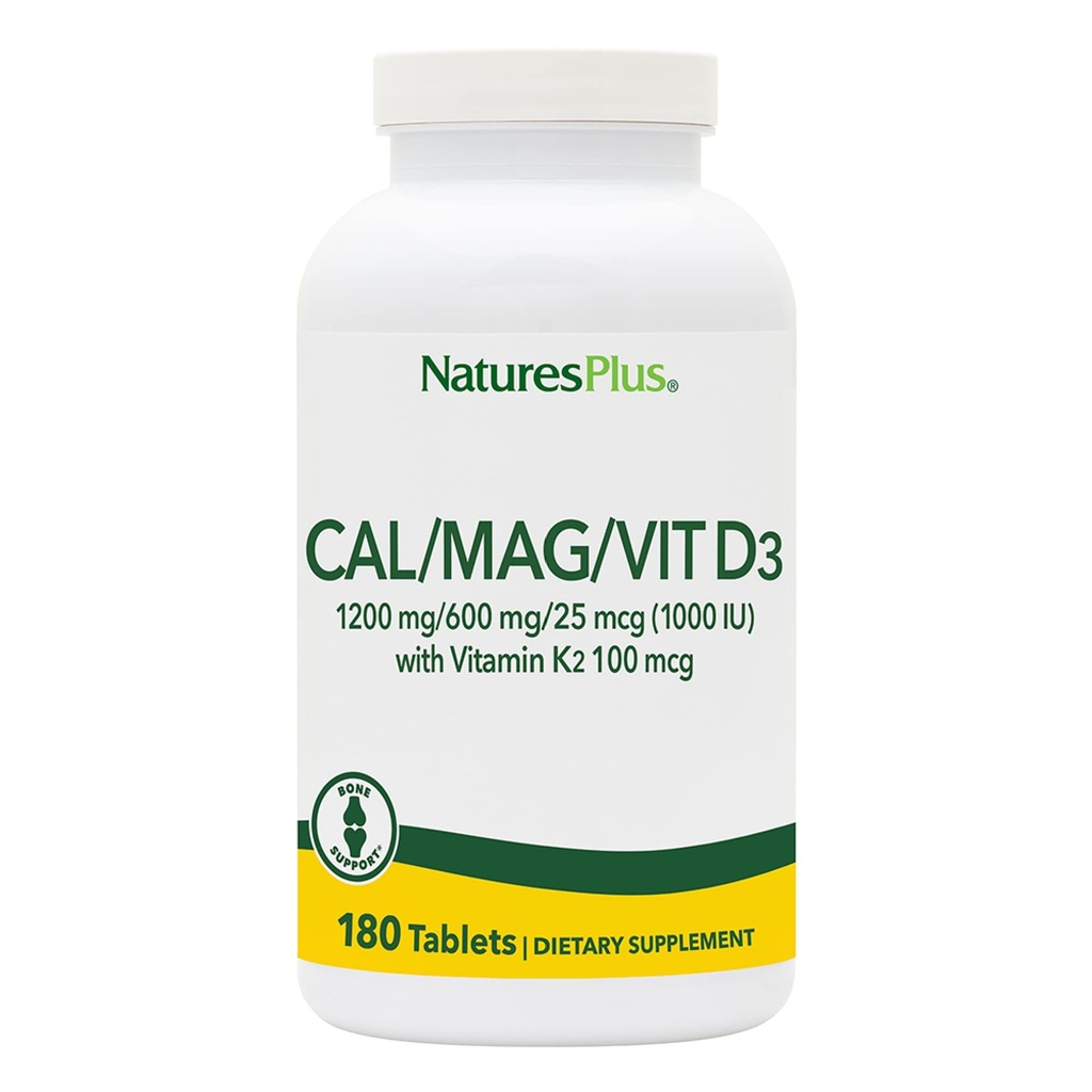 NaturesPlus kalcij/magnezij/vitamin D3 z vitaminom K2 - podpira zdravje kosti in imunskega sistema - vegetarijansko, brez glutena - 180 tablet - 45 postrežbe