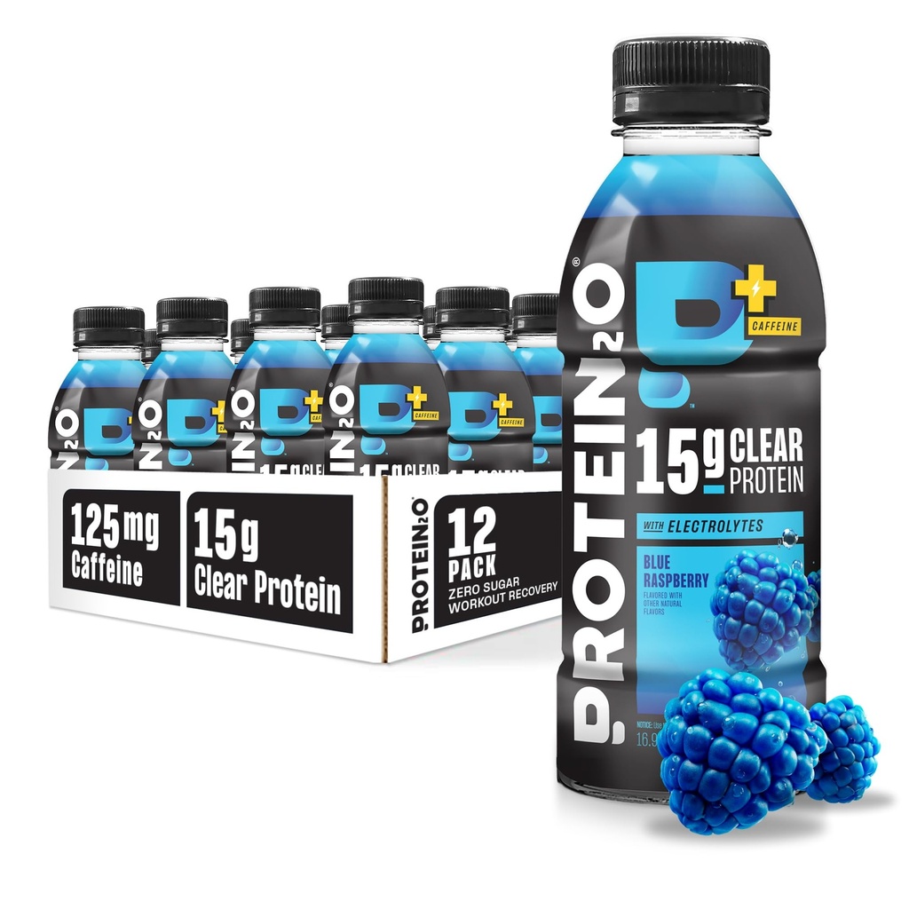 Protein2o 15g Whey Protein Isolate Hydration Drink Plus Energy & Focus, 350mg elektrolitov, 125mg kofeina, sladkor brez, Modra malina, 16.9 oz steklenica (Pack of 12)