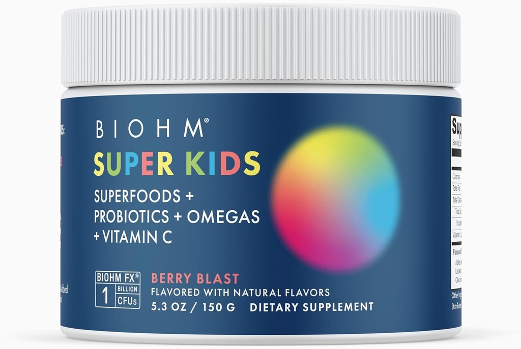 BIOHM Super Kids Superfood Powder Plus probiotiki, (5.3 Oz, 30 Serving) Okusni Berry Blast, Antioksidanti, Omega 3 & Vitamin C, Non-GMO, Dairy Free, Brez umetnih sestavin, Vegetarian, Starost 4+