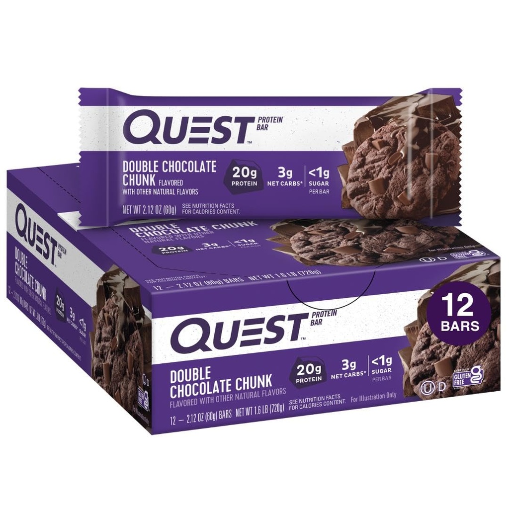 Quest Nutrition Double Chocolate Chunk Protein Bars, 20g Protein Bars, 1g sladkor, 4g neto Carb, Gluten Free, Keto prijazno, 12 Count