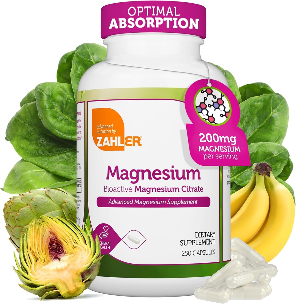 Zahler - Magnezij dopolnilne kapsule 200 mg (250 Count) Certified Kosher Bioactive Magnezijev Citrat za Max Absorpcija - Naravni magnezijev mineral za moške in ženske - Najboljši magnezijevi dodatki