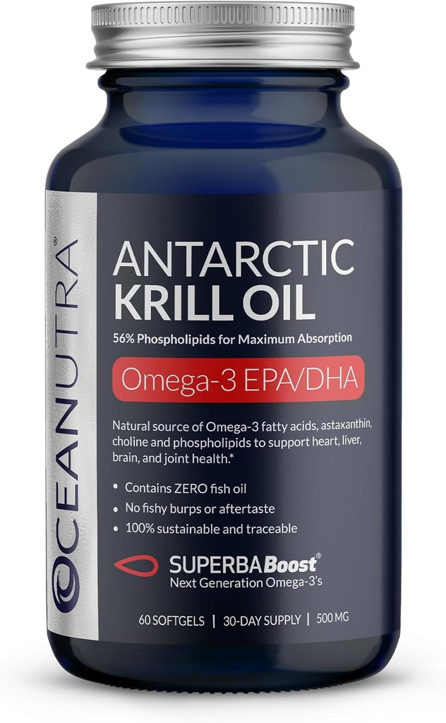 Divja Antarktika Krill Oil 500MG, 60 Softgels, SuperbaBoost Omega 3 Dodatek, EPA & DHA, Astaksantin, Choline, 56% Fosfolipidi, Trajnostni, Sledljivi, Brez ribjega olja, Vanilla Flavor