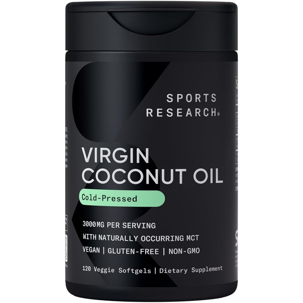 Sports Research® Organic Coconut Oil Kapsule 3000MG - Hladno stiskano ekstra deviško kokosovo olje s srednje verižnimi trigliceridi (MCT) - Vegansko prijazno in ne-GMO preverjeno - 120 Softgels