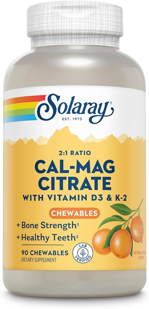 Solaray Cal-Mag Citrate Plus D-3 & K-2 Pomarančni žvečljivi žvečilci 