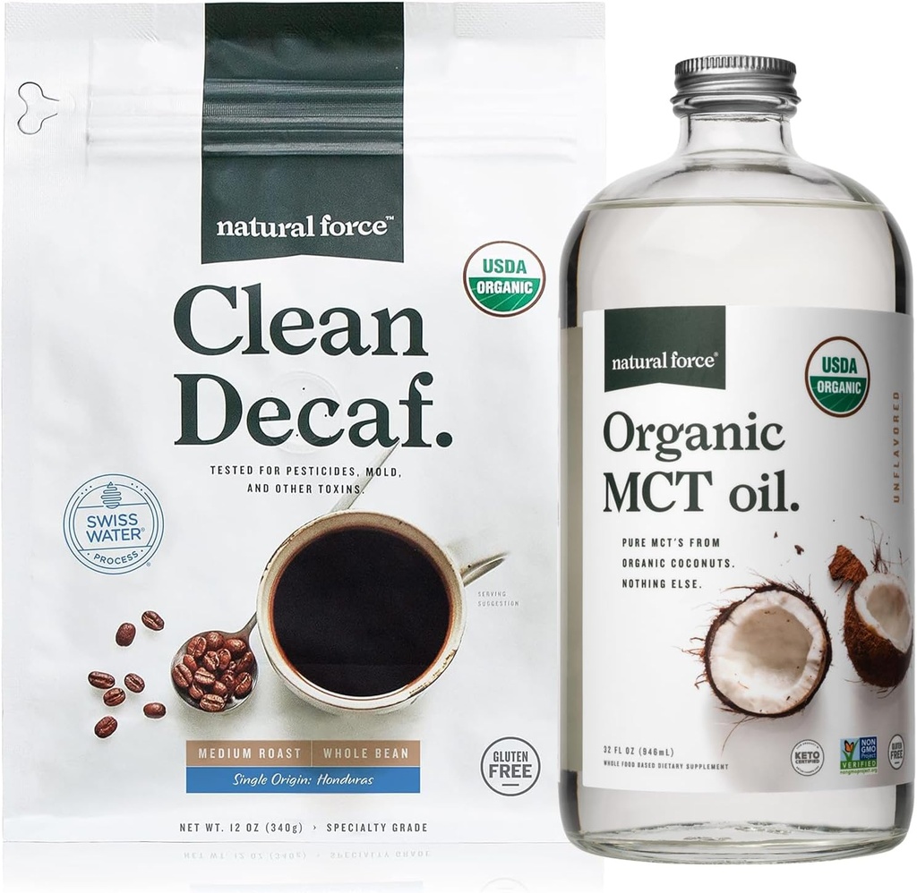 Naravna sila Ekološka čista brezkofeinska kava + Ekološka Olje MCT – 100% čista kokosova MCTs & Mold & Mycotoksin Free Coffee – ne-GMO, Keto, Paleo in Vegan - 12 Oz in 32 Oz