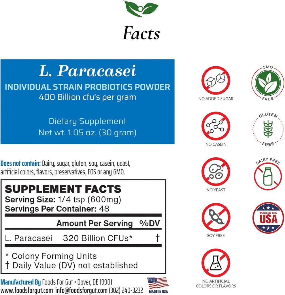 Lactobacillus Paracasei Probiotic Powder 400 Billion cfu's | Made in USA | No Additives | Direct from Manufacturer | No Third-Party Storage | Immune Support | L. Paracasei | 30 Grams (1.05 Oz)