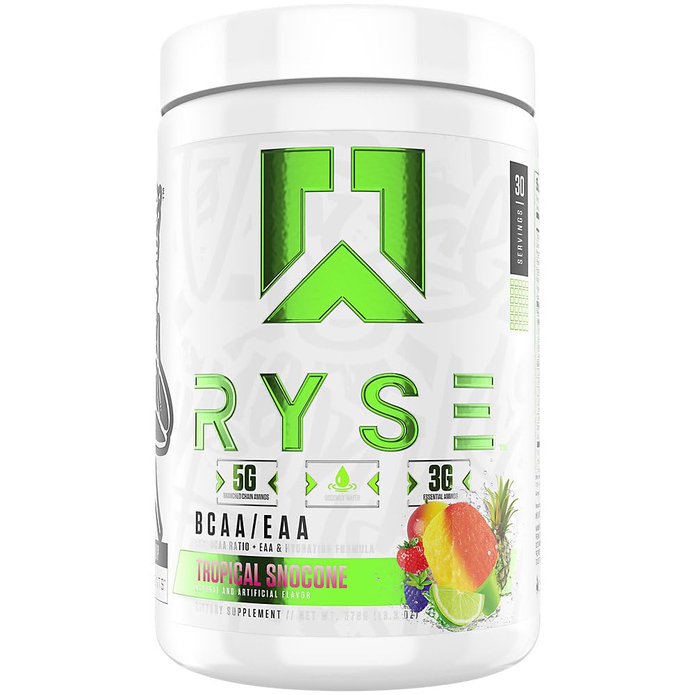 RYSE BCAA EAA prašek - tropski snocone - 5g razvejane verige aminokislin, 3g esencialne aminokisline, brez sladkorja elektroliti za okrevanje mišic, vzdržljivost, hidracijo in moč - 30