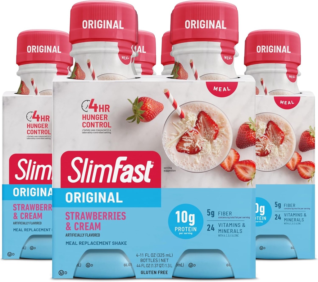SlimFast meal zamenjava Shake, Original Jagode & Cream, 10g pripravljen za pitje beljakovin za hujšanje, 11 Fl. Oz steklenica, 4 Število (Pack of 3) (Packaging May Vary)