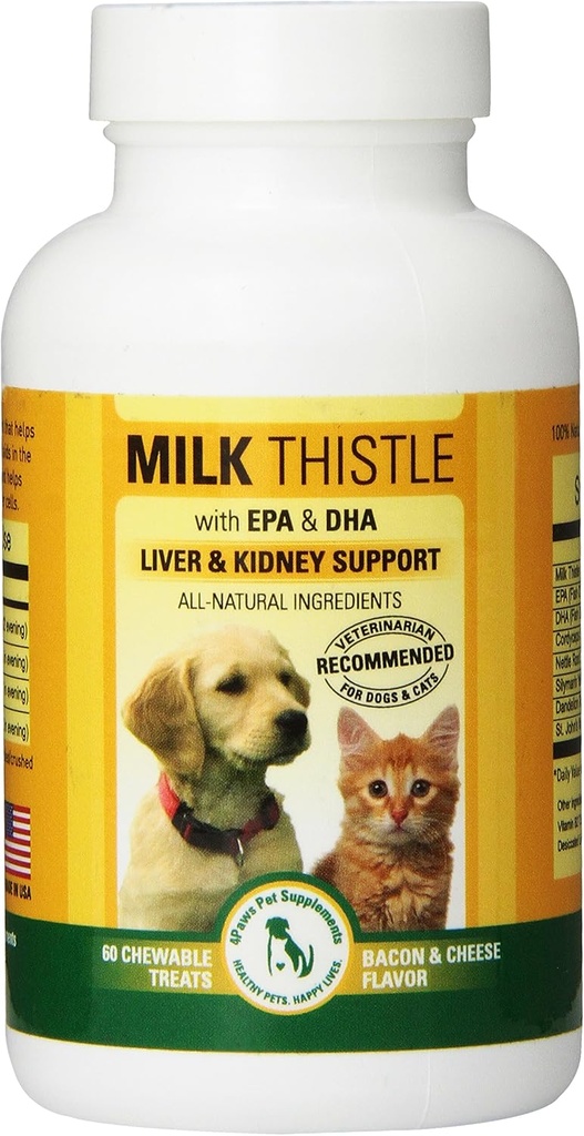 Milk Thistle Jetra in ledvice Dopolnilo za pse in mačke z DHA, EPA, Silymarin in vitamin B (B1 B2 B6 B12) za preprečevanje bolezni jeter in ledvic - 60 Žvečljivi izdelki - okus slanine