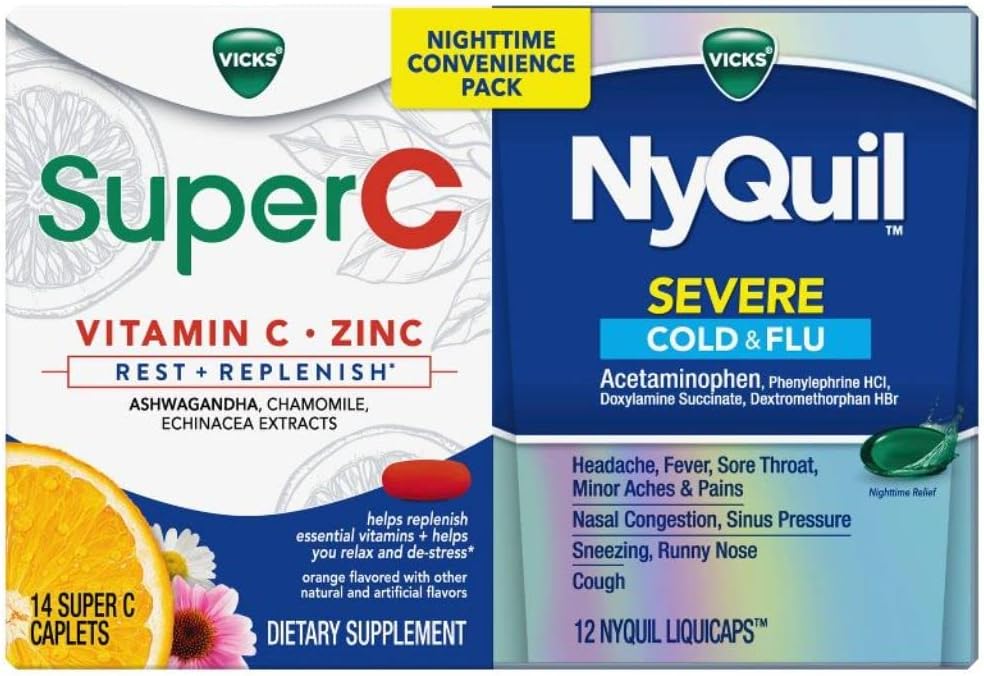 Vicks NyQuil in Super C Convenience Pack: NyQuil Huda medicina za Max Strength Cold and Flu Relief, Priročno pakirana z Vicks Super C Rest in Replenish Dnevni dodatek, 26ct