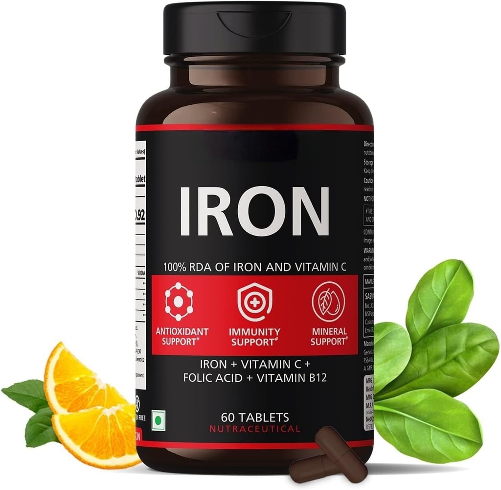 Železo dodatek za ženske in moške z vitaminom C, folno kislino in vitaminom B12 - Železne tablete Pomoč Podpora Energija - 60 Veg tablete