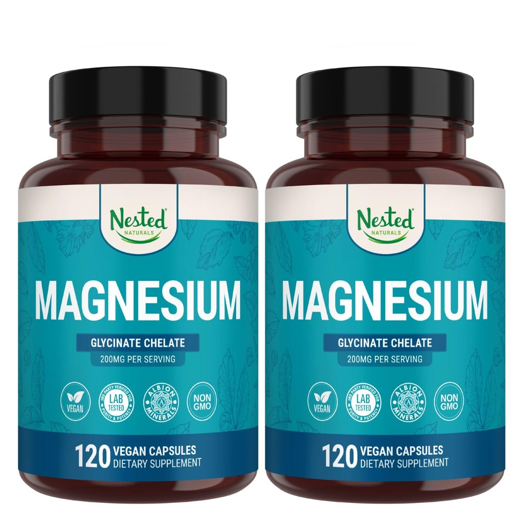 Nested Naturals Magnezij Glicinat Chelat - 200mg kelirani magnezij dodatek za mišične krče, sprostitev, & podpora za spanje - 100% Albion TRACCS puferirani magnezijev glicinat - 240 Veganske kapsule