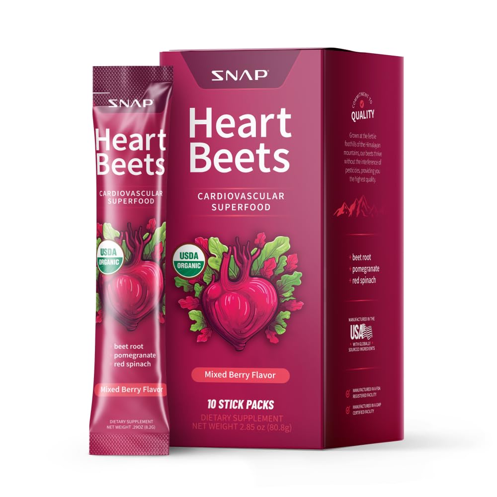 Snap dodatki Heart Beets Stick Packs, Organic Beet Root Powder Drink Mix, Kardiovaskularna podpora za moške in ženske, Beets, Granatna in rdeča Špinača, Dutric Oxide Booster, Mixed Berry, 10 Servings