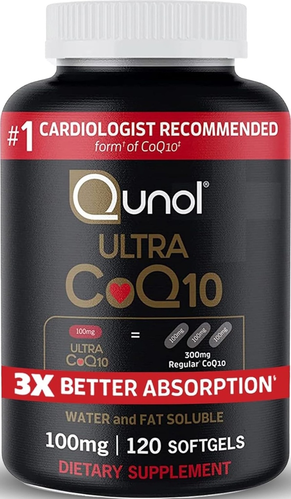 Qunol Ultra CoQ10 100mg, 3x boljša absorpcija, Patentirana voda in maščob topen naravni dodatek oblika koencima Q10, antioksidant za zdravje srca, 120 Count Softgels