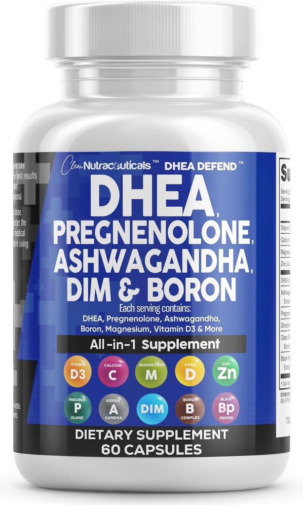 DHEA 200mg dodatek Pregnenolone 100mg za moške in ženske z DIM Ashwagandha Boron 6mg kompleks Kalcij Magnezijev cink 50mg vitamin D3 5000 i.e Hormone podporne kapsule Tablete Made in USA 60 Count
