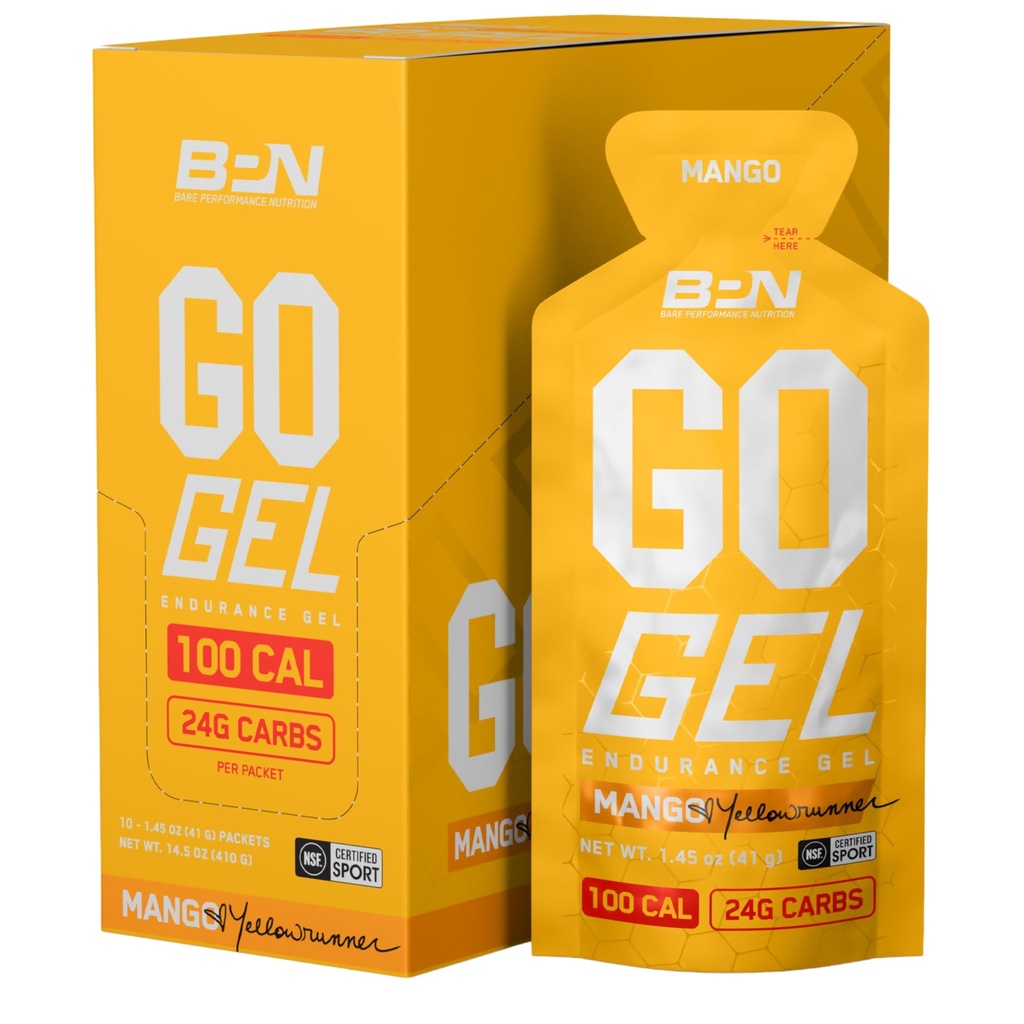 HRANILA ZA UČINKOVITOST, BPN Go Gel Endurance, 24g ogljikovih hidratov in 100 kalorij na paket, Vegan + Gluten Free Running Gel, 10 enodelnih paketov, Mango
