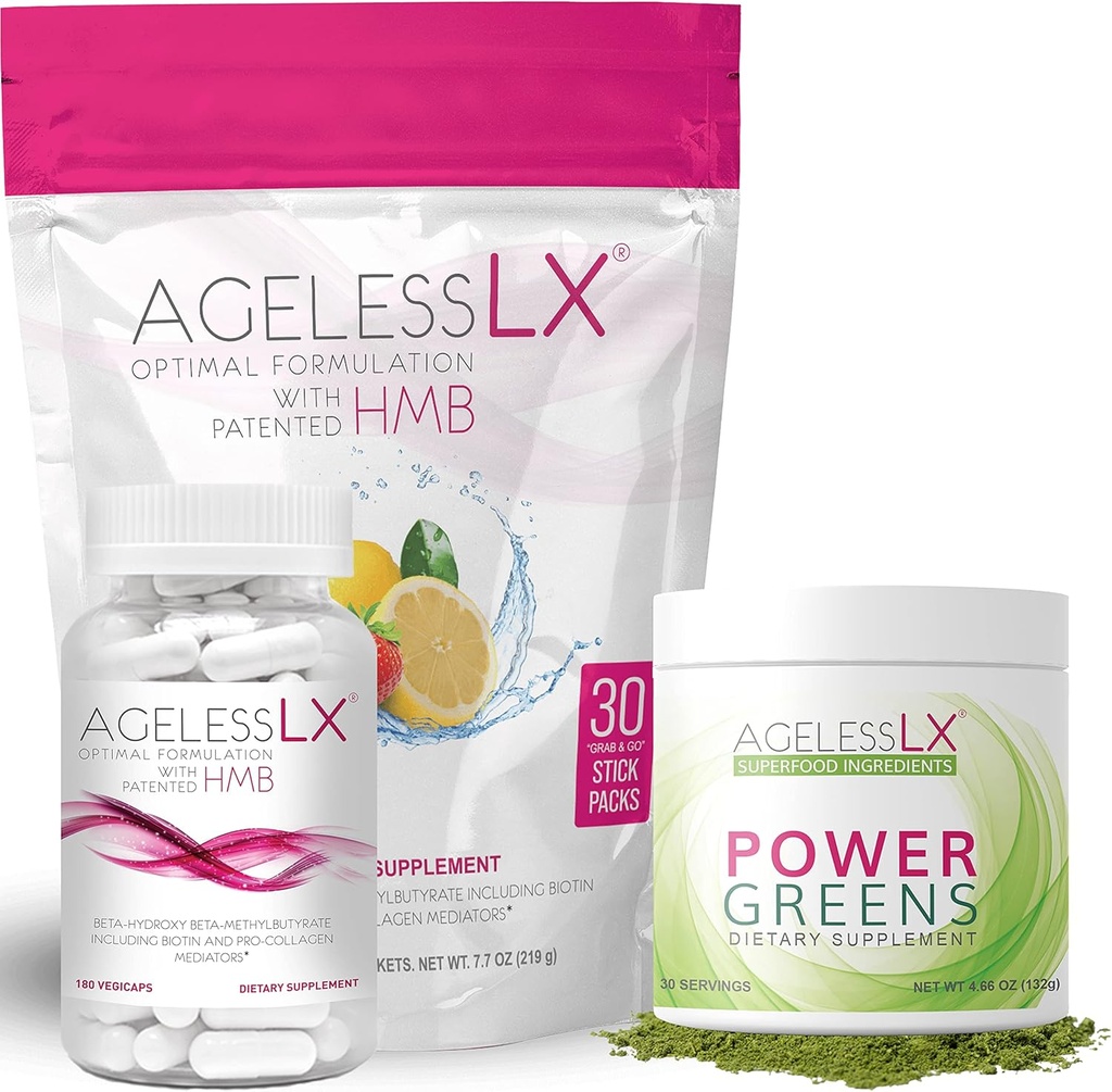 AgelessLX Biotin Dopolnilo kapsule, Jagodna limonada & Power Greens Powder paket - Proti staranju dopolnila