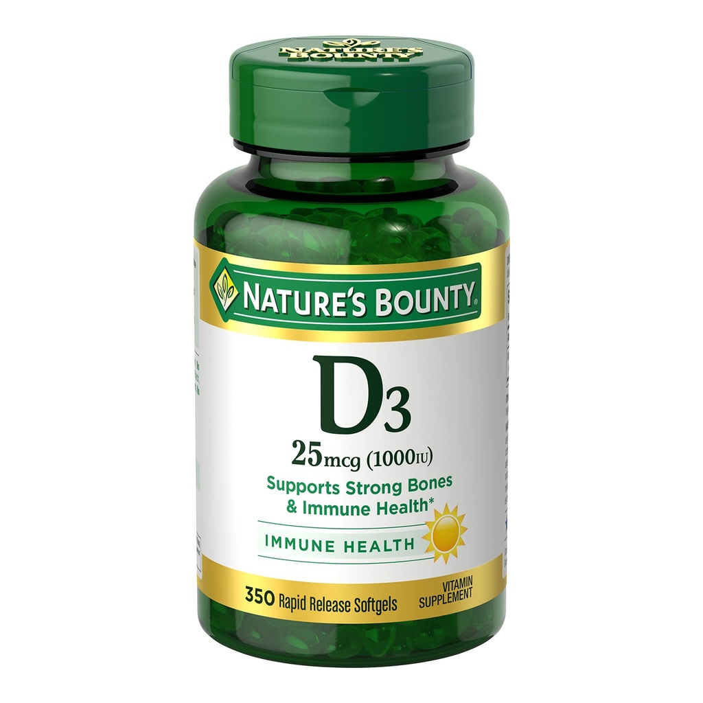 Bounty vitamin D3 1000 IU Mehkužci, Imunska podpora, Spodbuja zdrave kosti, 1 Softgel na dan, Gluten brezplačno, 350 Število
