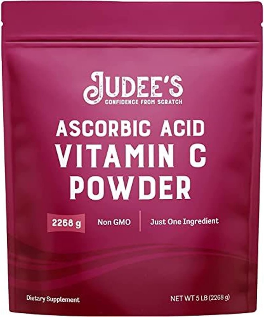 Judee's Pure Vitamin C Powder 5 lb - 100% Non-GMO, Gluten-free in Nut-free - (L - Askorbinska kislina) - Imunska podpora & Antioksidant dodatek - Brez polnil - za kozmetične in konzervirane hrane