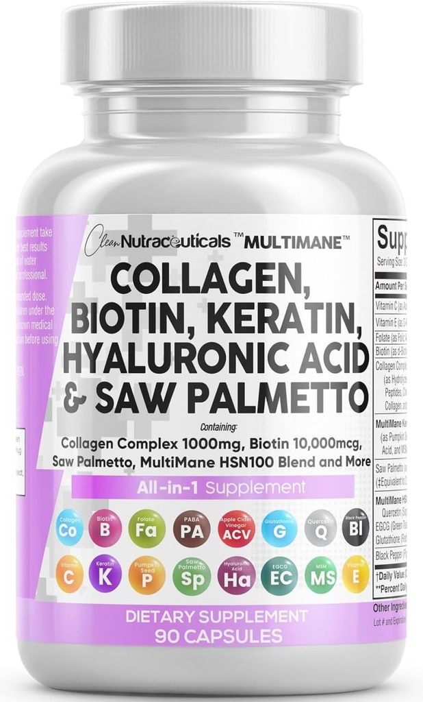 Čisti nutracevtiki Kolagen tablete 1000mg Biotin 10000mcg Keratin žaga Palmetto Hyaluronska kislina - Koža in nohti za lase Vitamini in DHT bloker z vitaminom E Folna kislina Bučna semena MSM - 90 Count