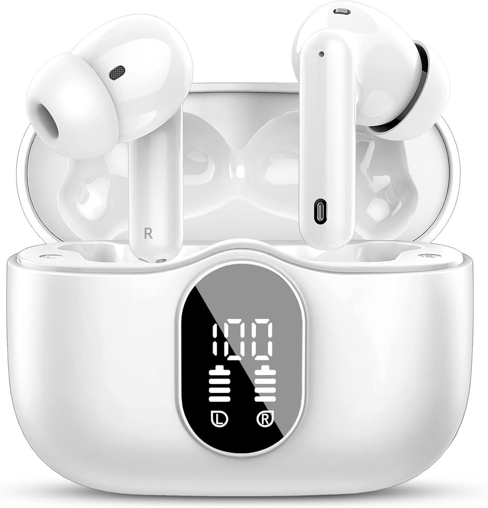 Btootos Wireless Earbuds Bluetooth 5.4 Slušalke Bas Stereo Ear Buds z mikrofonom Prekliči Mic LED zaslon v ušesnih slušalkah IP7 Vodoodporni 36H Čas igranja za prenosne telefone Sports Worout White