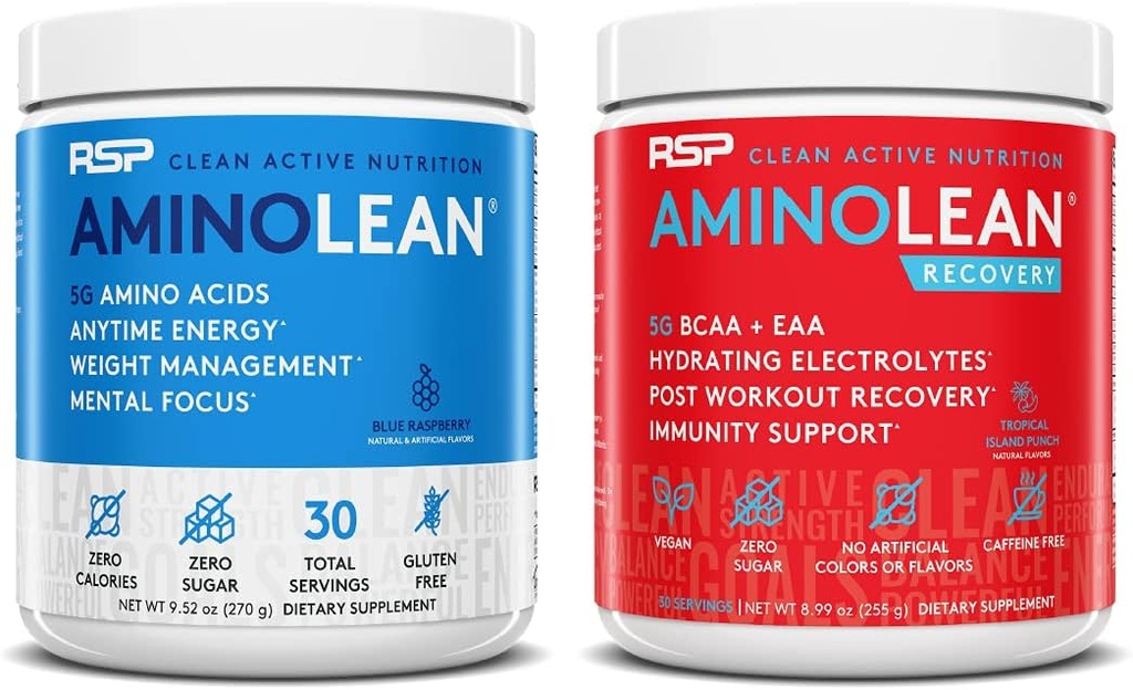 RSP NUTRITION AminoLean Pre Workout Energija (Blue Raspberry 30 Servings) z AminoLean Recovery Post Workout Boost (tropski otok Punch 30 Servings)