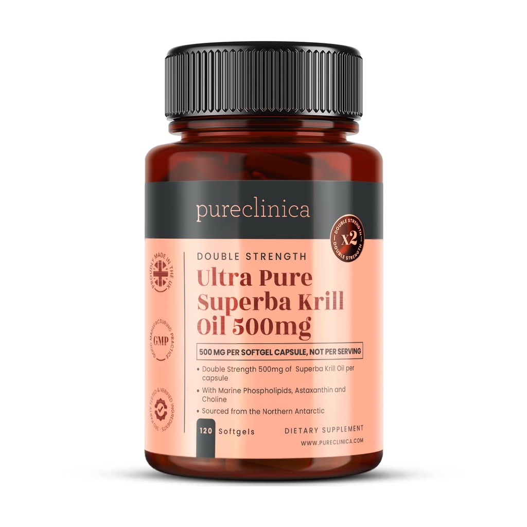 Ultra Pure Superba Krill Oil 500mg x 120 kapsul - Izvira v neonesnaženih vodah Antarktike Zagotavlja bogato oskrbo z astaksantinom, Omega 3 in vitamin D