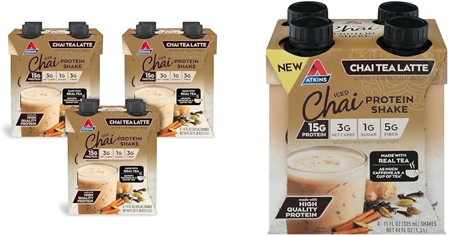 Atkins Chai Tea Latte Protein Shake Bundle s 15g proteini, 3g neto Carb, 1g sladkorja (4 pakiranja) Ledeni Chai Tea Latte Protein Shake