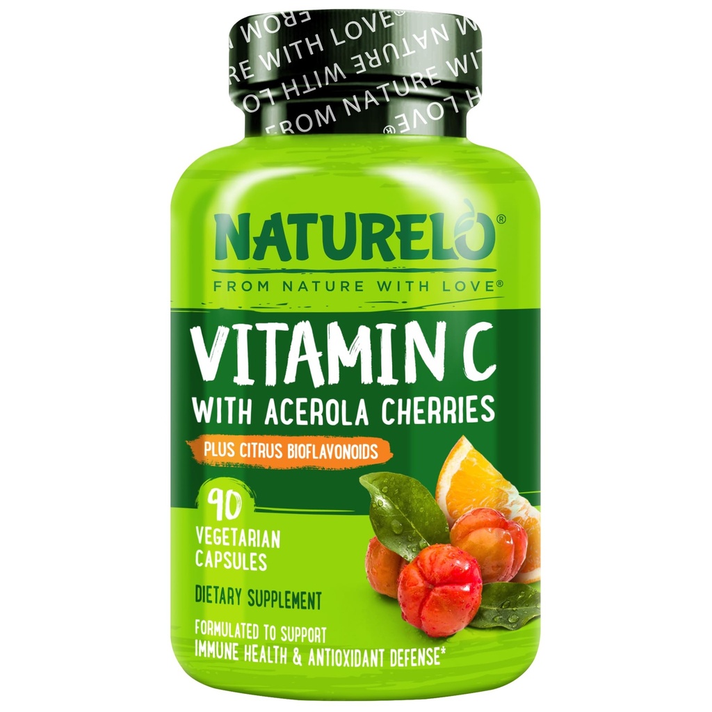 NATURELO Vitamin C z organskim ekstraktom Acerola Cherry in Citrus Bioflavonoidi - Veganski dodatek - Imunska podpora - 500 mg VIT C na pokrovček - Non-GMO - 90 kapsul