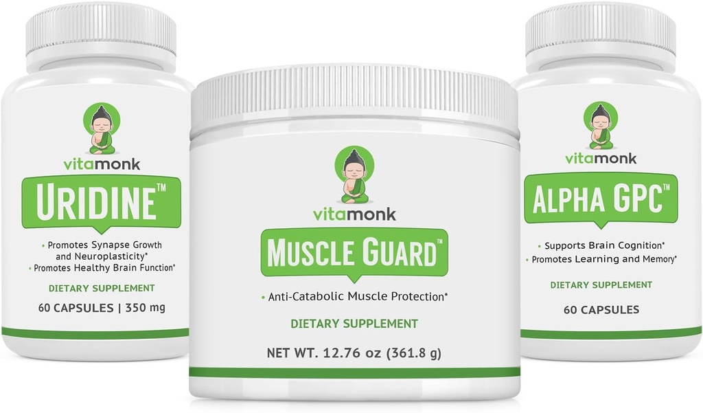 VitaMonk Muscle Guard & Alpha GPC Uridin Stack Bundle, HMB, EAA, Vitamin D, Magnezij & Brain Podpora za fokus, jasnost, in rast mišic
