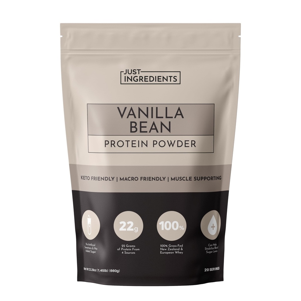 PRAVO SESTAVINE Vanilla Bean Protein Powder – 20-serving mešanica s 100% Grass-Fed Whey & Organic Plant Proteins – Real Vanilla Bean & Cinamon – Podpira obnovo mišic, energijo