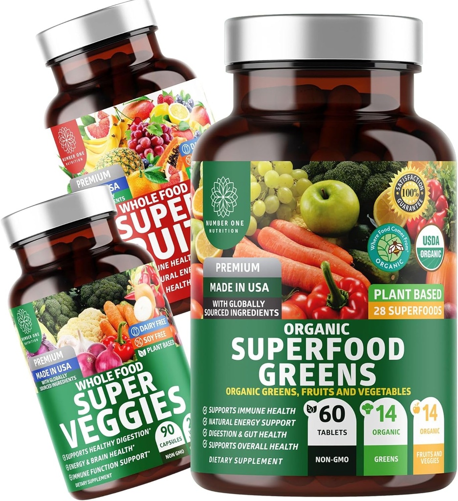 Številka One Nutrition N1N Premium Superfood Greens [28 Močne sestavine] in Super sadje in zelenjavo dodatek [40 Cela živila] - Popolna Superfood paket, 2 paket